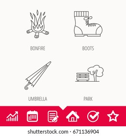Bonfire, umbrella and hiking boots icons. Park linear sign. Edit document, Calendar and Graph chart signs. Star, Check and House web icons. Vector