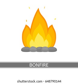 Bonfire vector illustration. Campfire surrounded with stones in flat design isolated on white background