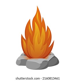 Bonfire, Vektorgrafik Flamme mit Steinen, Element des Wanderns, Camping, Freizeit Erholung. Cartoon-Stil. Für Banner, Aufkleber, Spiele.