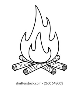 Bonfire vector illustration. Hand-drawn campfire with firewood in doodle style. Black line art isolated on white background.
