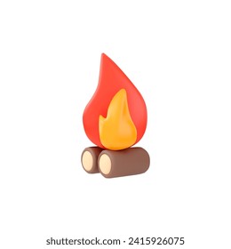 Bonfire, vector illustration isolated on white background, volumetric 3d icon. Symbol fire, flame and firewood, light with burning, cute cartoon picture in realistic plastic effect. Render icon