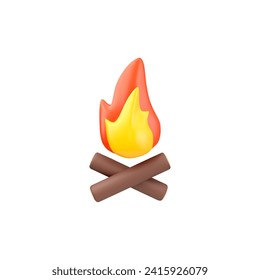Bonfire, volumetric 3d icon, vector illustration isolated on white background. Symbol fire, flame and firewood, light with burning, cute cartoon picture in realistic plastic effect. Render icon