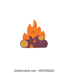 Bonfire with wooden blocks, cartoon flat vector illustration isolated on white background. Light fire outside in summer camp. Concept of wilde tourism and hiking.