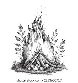 Bonfire in the woods sketch hand drawn engraving style Vector illustration