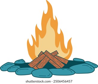 Bonfire and woods with stone in around, vector illustration