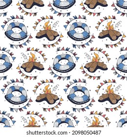 Bonfires and Lifebuoys. Seamless pattern on a white background. Cute vector illustration.