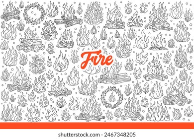 Bonfires made of burning wood with fire and flames warm tourists during hike. Bonfires produce sound of burning branches and illuminate area to scare away wild animals. Hand drawn doodle