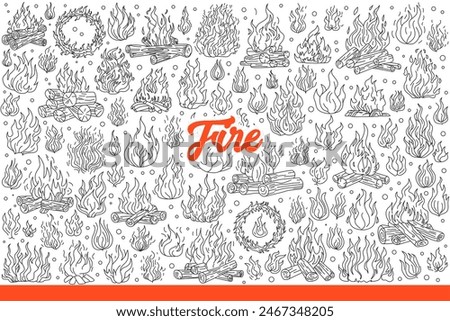 Bonfires made of burning wood with fire and flames warm tourists during hike. Bonfires produce sound of burning branches and illuminate area to scare away wild animals. Hand drawn doodle