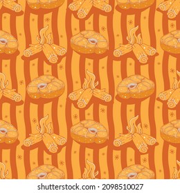 Bonfires and steaks. Seamless pattern on an orange background. Cute vector illustration.