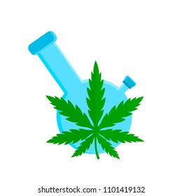 Bong and cannabis weed leaf. Vector flat cartoon illustration icon design. Isolated on white background. Hemp, smoking, cannabis,weed, bong concept