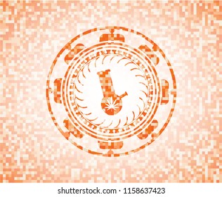 bong of marijuana icon inside abstract emblem, orange mosaic background