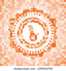 bong of marijuana icon inside abstract emblem, orange mosaic background