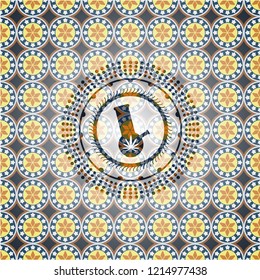 bong of marijuana icon inside arabic badge. Arabesque decoration.