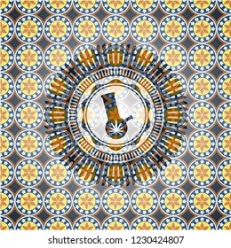 bong of marijuana icon inside arabic emblem background. Arabesque decoration.