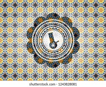 bong of marijuana icon inside arabic style badge. Arabesque decoration.
