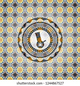 bong of marijuana icon inside arabic emblem background. Arabesque decoration.