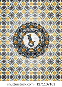 bong of marijuana icon inside arabic emblem background. Arabesque decoration.