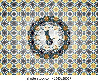 bong of marijuana icon inside arabic style emblem. Arabesque decoration.