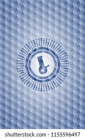bong of marijuana icon inside blue emblem or badge with abstract geometric pattern background.