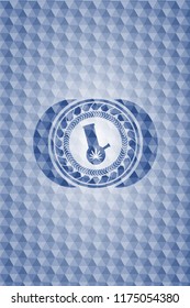 bong of marijuana icon inside blue badge with geometric pattern background.