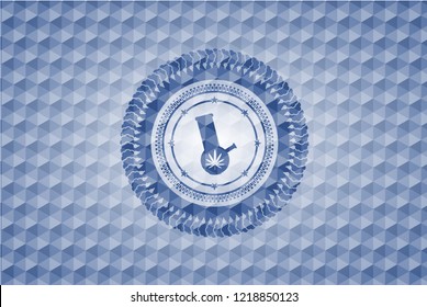 bong of marijuana icon inside blue emblem or badge with geometric pattern background.