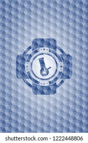 bong of marijuana icon inside blue emblem with geometric background.