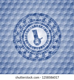 bong of marijuana icon inside blue emblem with geometric pattern background.