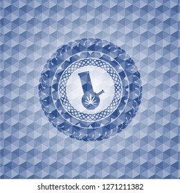 bong of marijuana icon inside blue emblem with geometric pattern background.