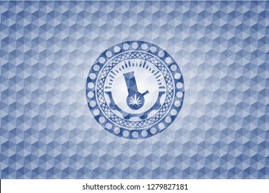 bong of marijuana icon inside blue emblem with geometric pattern background.