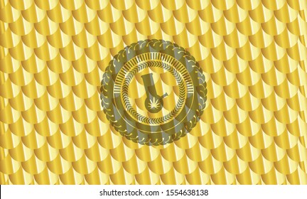 bong of marijuana icon inside gold emblem. Scales pattern. Vector Illustration. Detailed.
