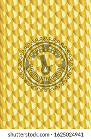 bong of marijuana icon inside gold emblem or badge. Scales pattern. Vector Illustration. Detailed.