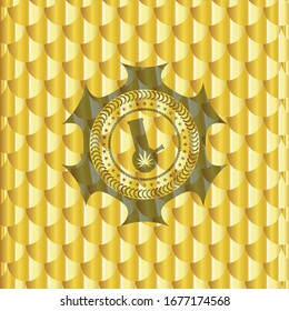 bong of marijuana icon inside gold badge. Scales pattern. Vector Illustration. Detailed.