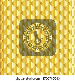bong of marijuana icon inside gold emblem. Scales pattern. Vector Illustration. Detailed.