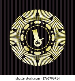 bong of marijuana icon inside gold emblem or badge. 