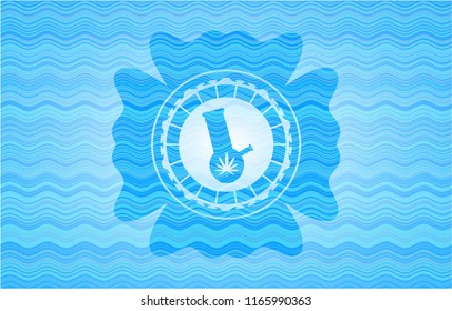bong of marijuana icon inside light blue water wave badge background.