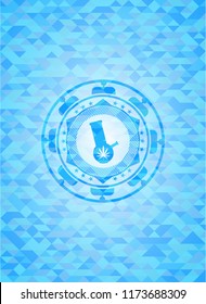 bong of marijuana icon inside light blue emblem. Mosaic background