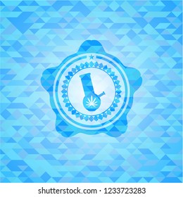 bong of marijuana icon inside light blue emblem with triangle mosaic background