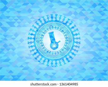 bong of marijuana icon inside light blue emblem. Mosaic background