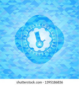 bong of marijuana icon inside light blue emblem with triangle mosaic background