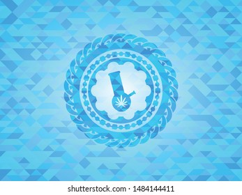 bong of marijuana icon inside light blue emblem with triangle mosaic background