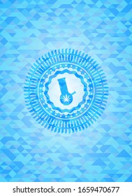 bong of marijuana icon inside light blue emblem with mosaic ecological style background