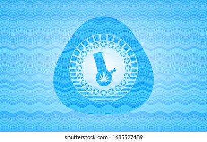 bong of marijuana icon inside light blue water wave style emblem.