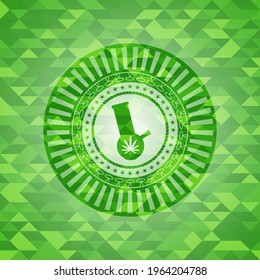 bong of marijuana icon inside realistic green emblem. Mosaic background. 