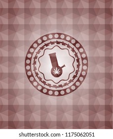 bong of marijuana icon inside red seamless badge with geometric pattern.