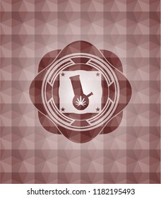 bong of marijuana icon inside red emblem or badge with abstract geometric polygonal pattern background. Seamless.