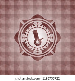 bong of marijuana icon inside red seamless emblem or badge with abstract geometric pattern background.