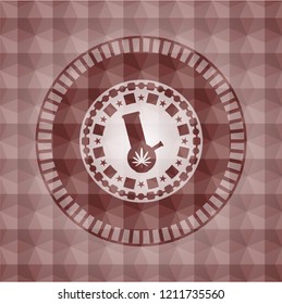 bong of marijuana icon inside red seamless emblem with geometric pattern.