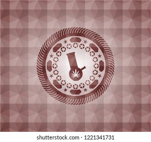 bong of marijuana icon inside red emblem with geometric pattern background. Seamless.