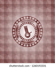 bong of marijuana icon inside red emblem with geometric pattern background. Seamless.