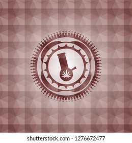 bong of marijuana icon inside red emblem with geometric pattern background. Seamless.